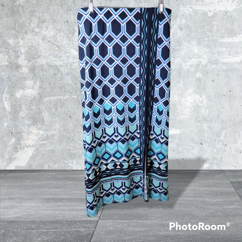 Chicos Maxi Skirt Off Center Front Slit Geometric Print Size 1
